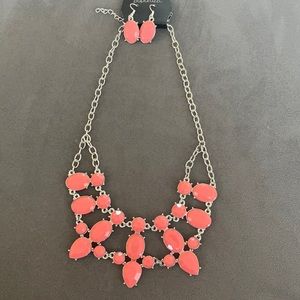Silver and Coral Stone Necklace and Earrings Set